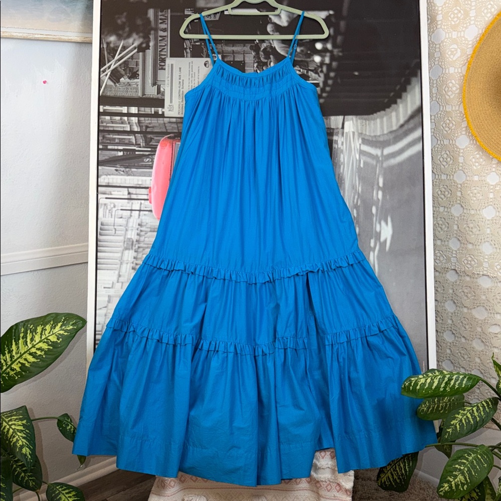 Black Halo Zinnia Maxi Dress Blue Tiered Ruffle Front Slit Sleeveless Sz. S - Picture 2 of 11